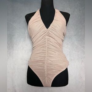 Blush pink mesh ruched halter top body suit size xs